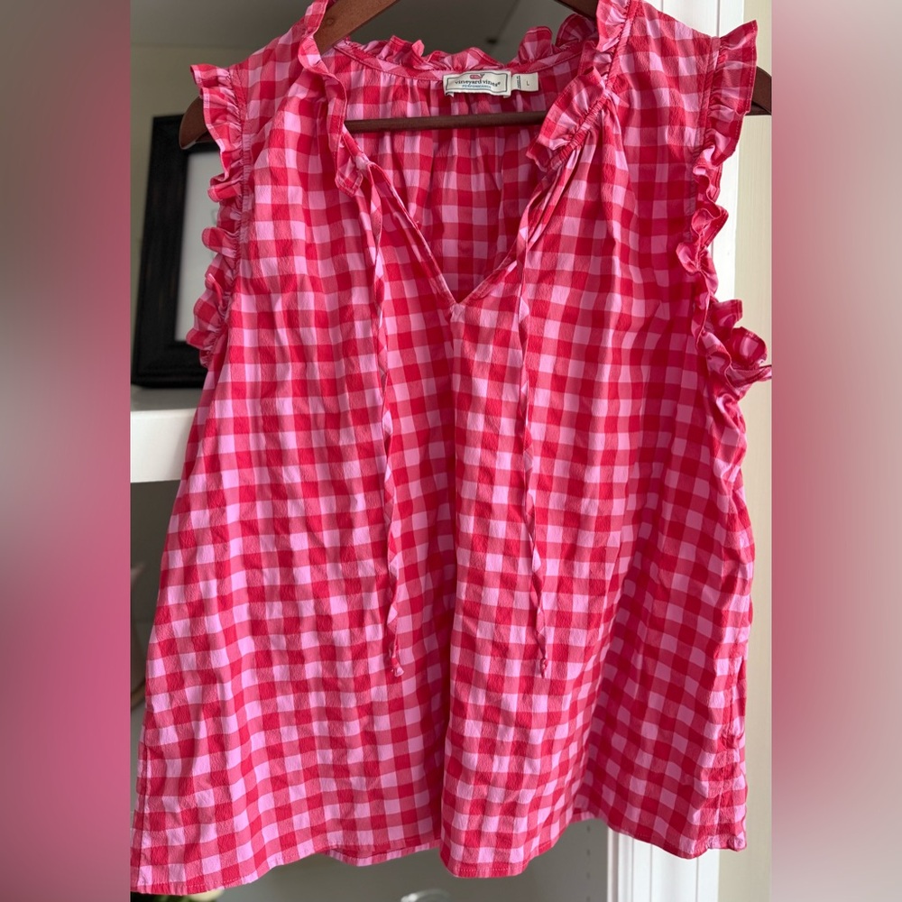 Vineyard Vines Harbor Gingham Ruffle Popover Top Sz L - Picture 6 of 9